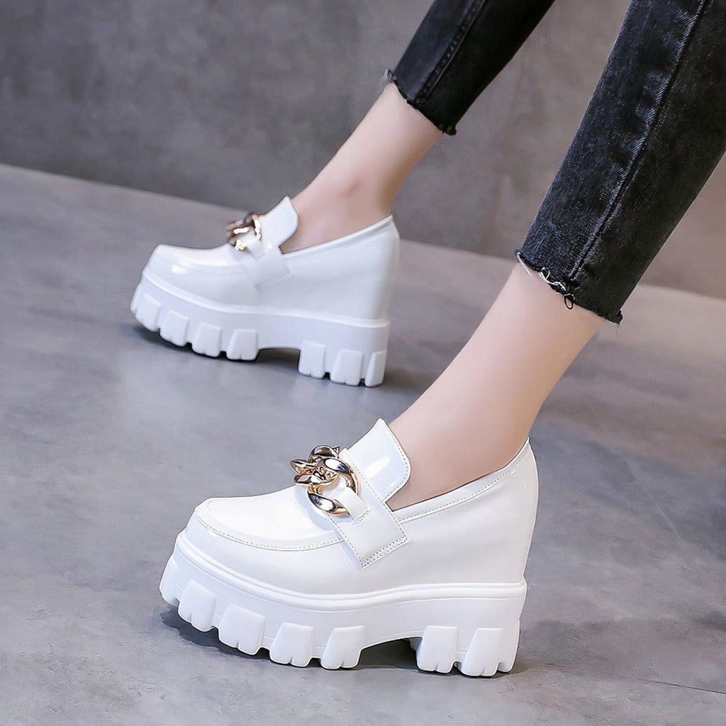 Patent synthetic leather platform loafers with gold chain for women