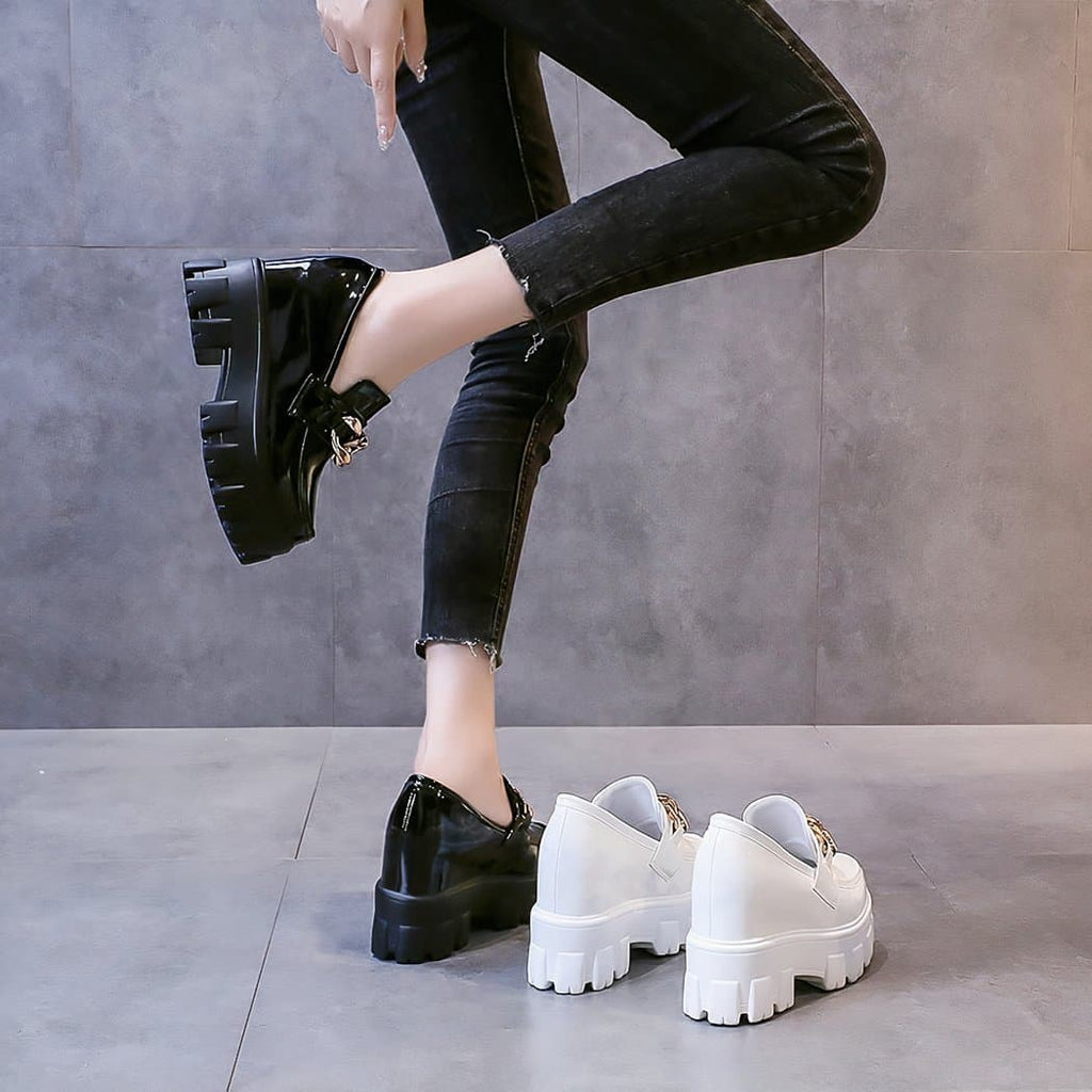 Patent synthetic leather platform loafers with gold chain for women