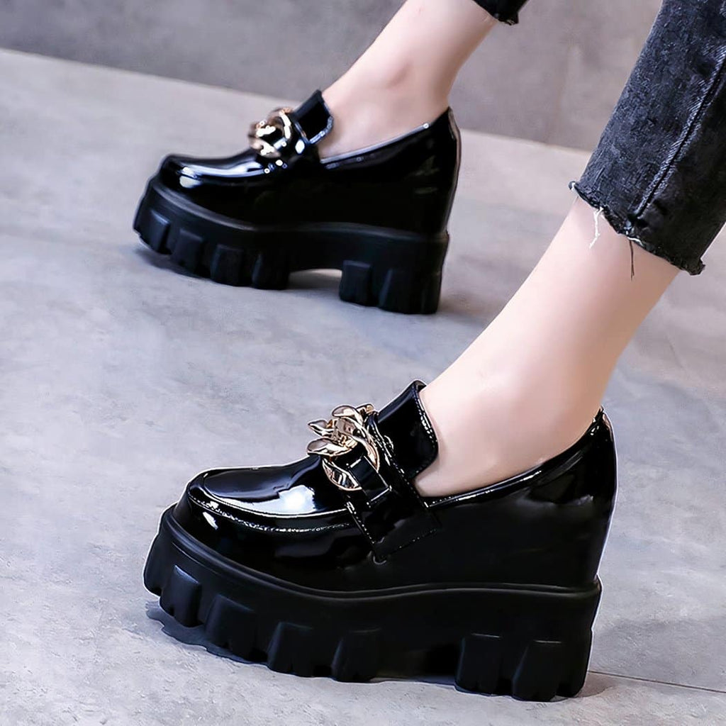 Patent synthetic leather platform loafers with gold chain for women