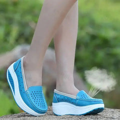 Perforated Platform Loafers with Thick Sole, Blue