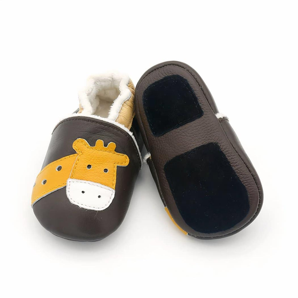 Soft animal-head leather moccasins for toddlers