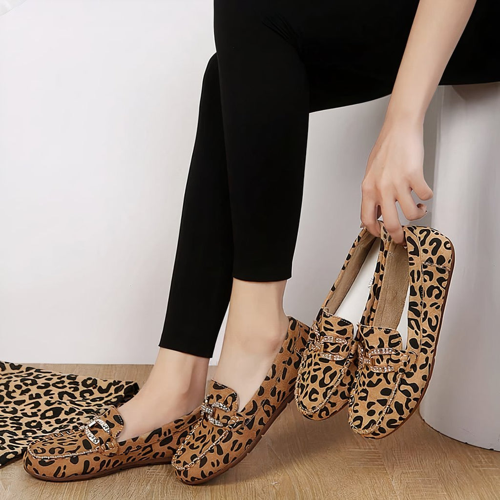 Soft leopard print loafers with rhinestone rings