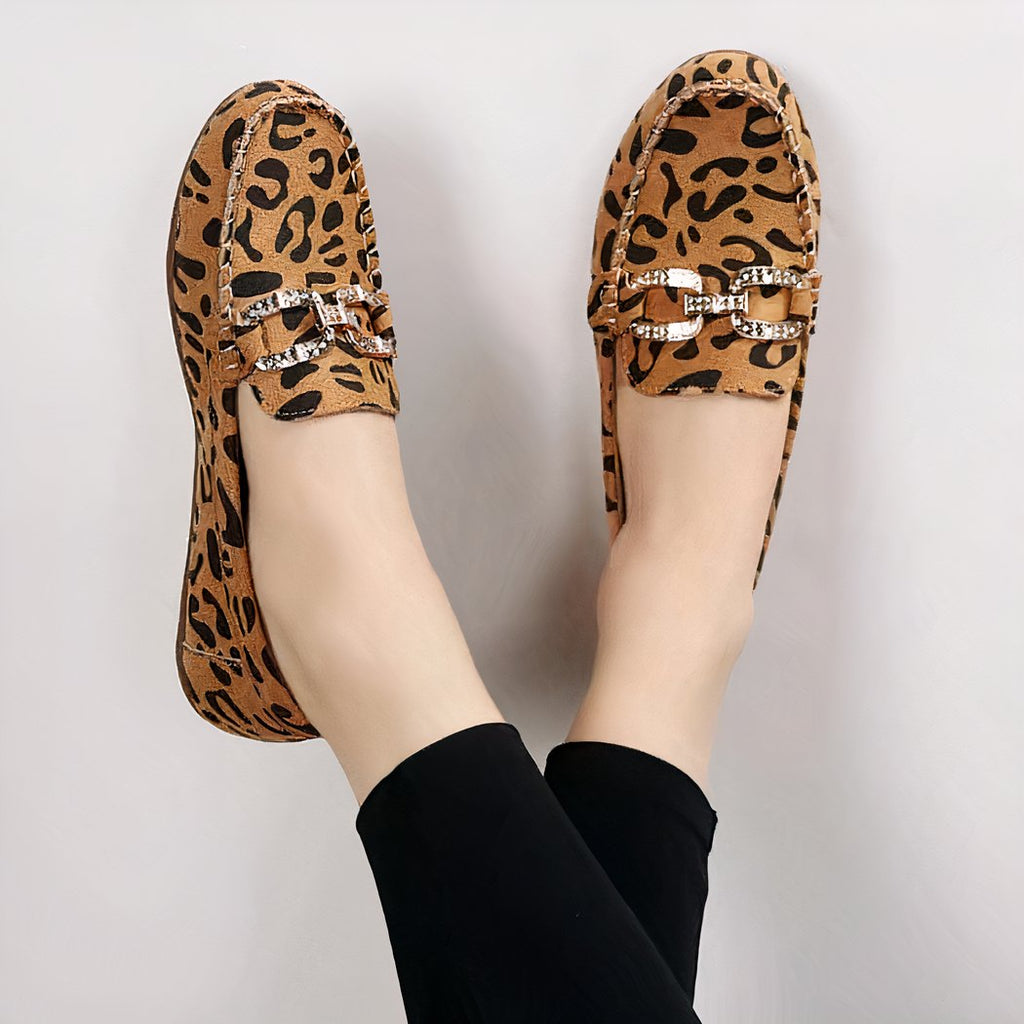 Soft leopard print loafers with rhinestone rings