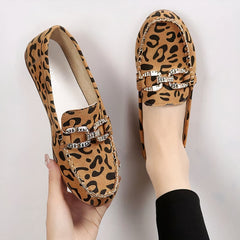 Soft leopard print loafers with rhinestone rings, Brown