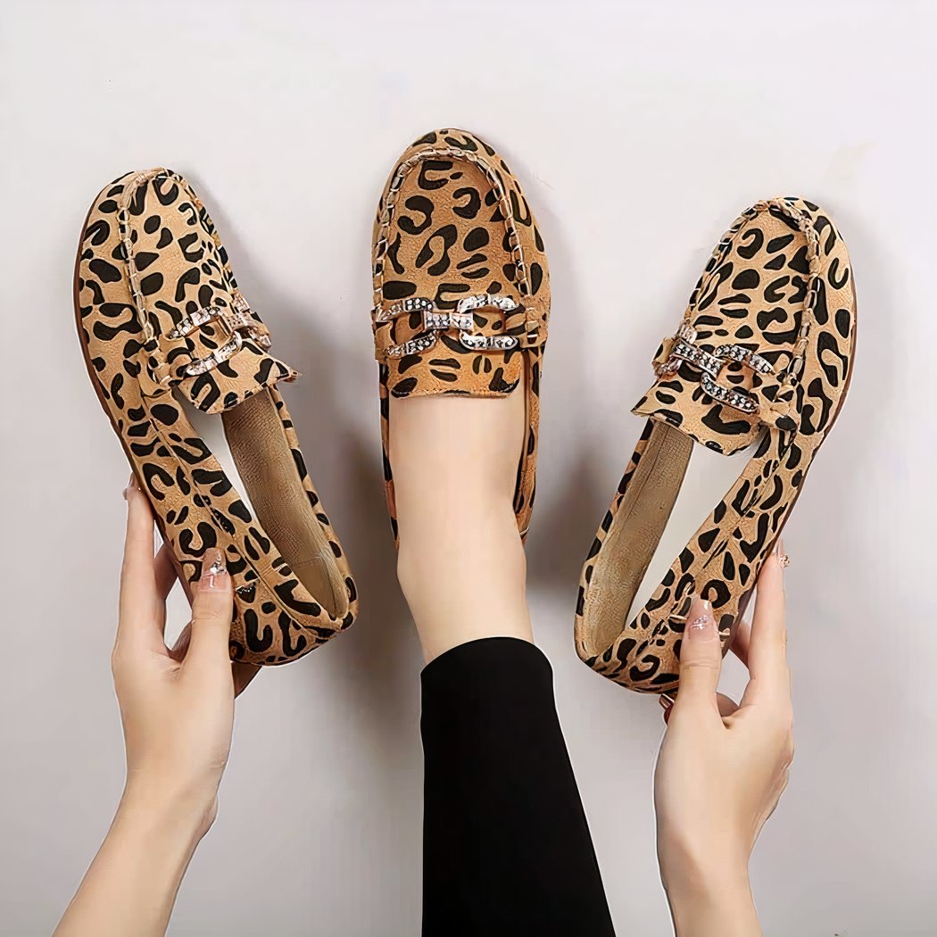 Soft leopard print loafers with rhinestone rings