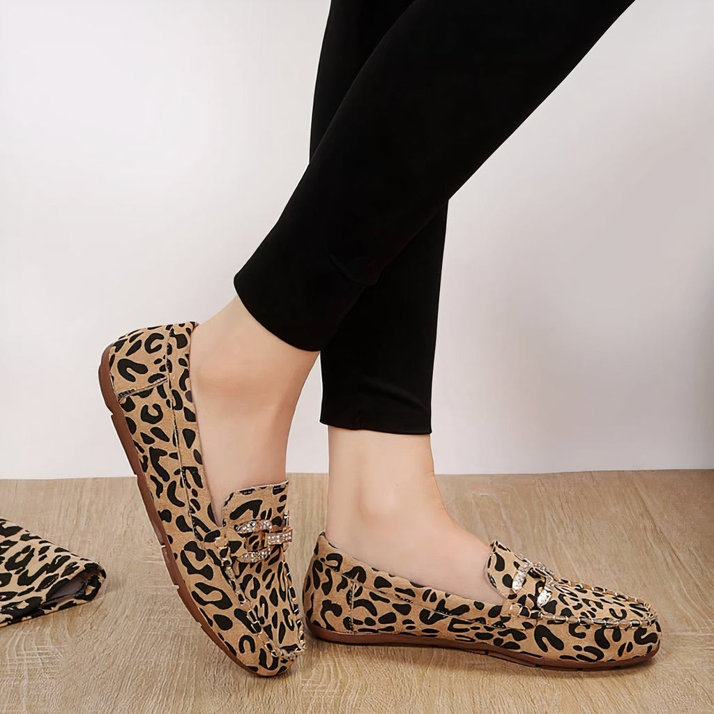 Soft leopard print loafers with rhinestone rings