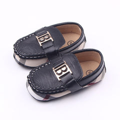 Soft moccasins with check and gold decoration for baby, Black