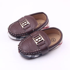 Soft moccasins with check and gold decoration for baby, Brown