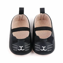 Soft moccasins with kitten pattern for baby girls, Black