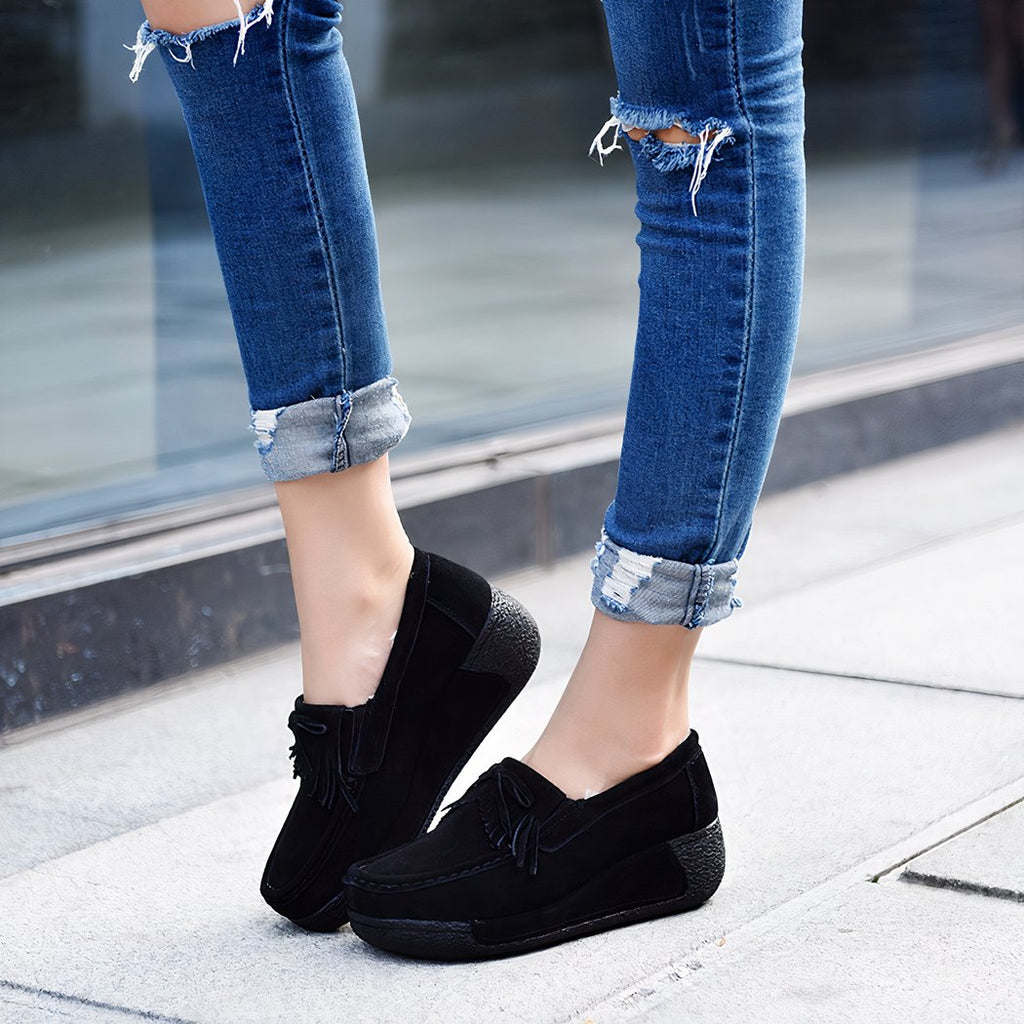 Suede fringed wedge loafers genuine leather