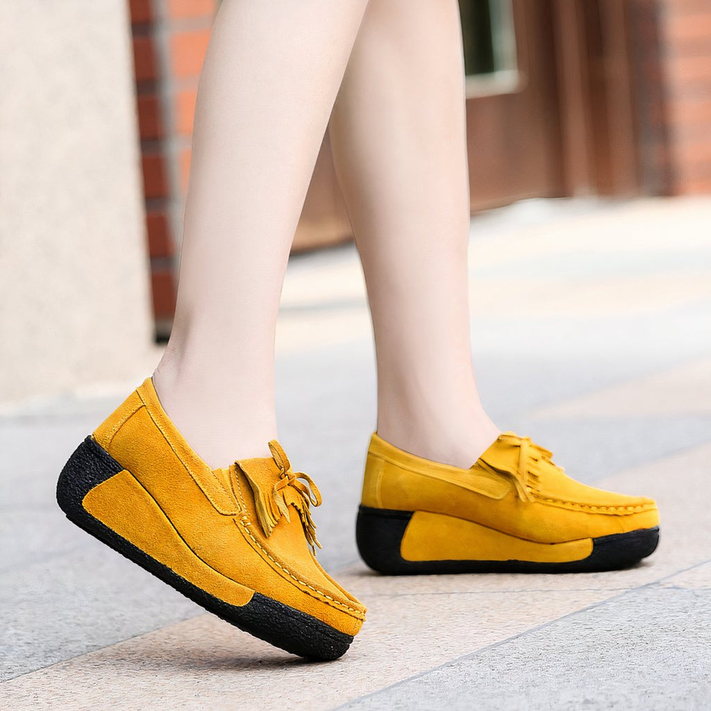 Suede fringed wedge loafers genuine leather