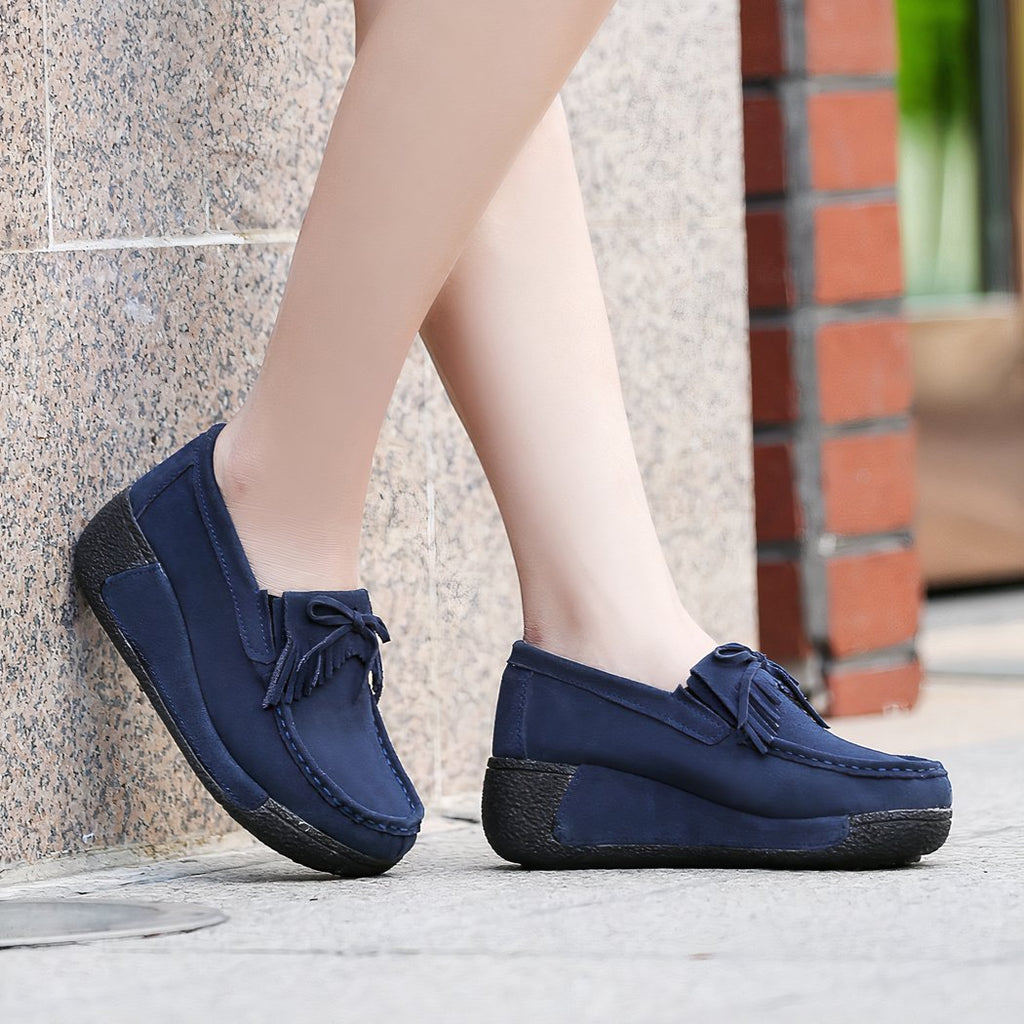 Suede fringed wedge loafers genuine leather