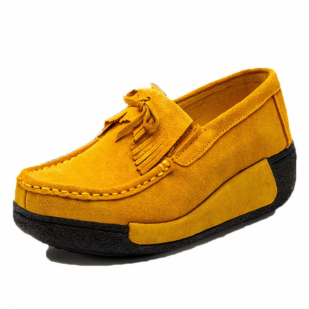 Suede fringed wedge loafers genuine leather