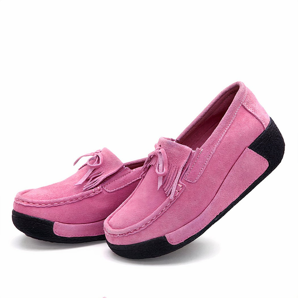 Suede fringed wedge loafers genuine leather