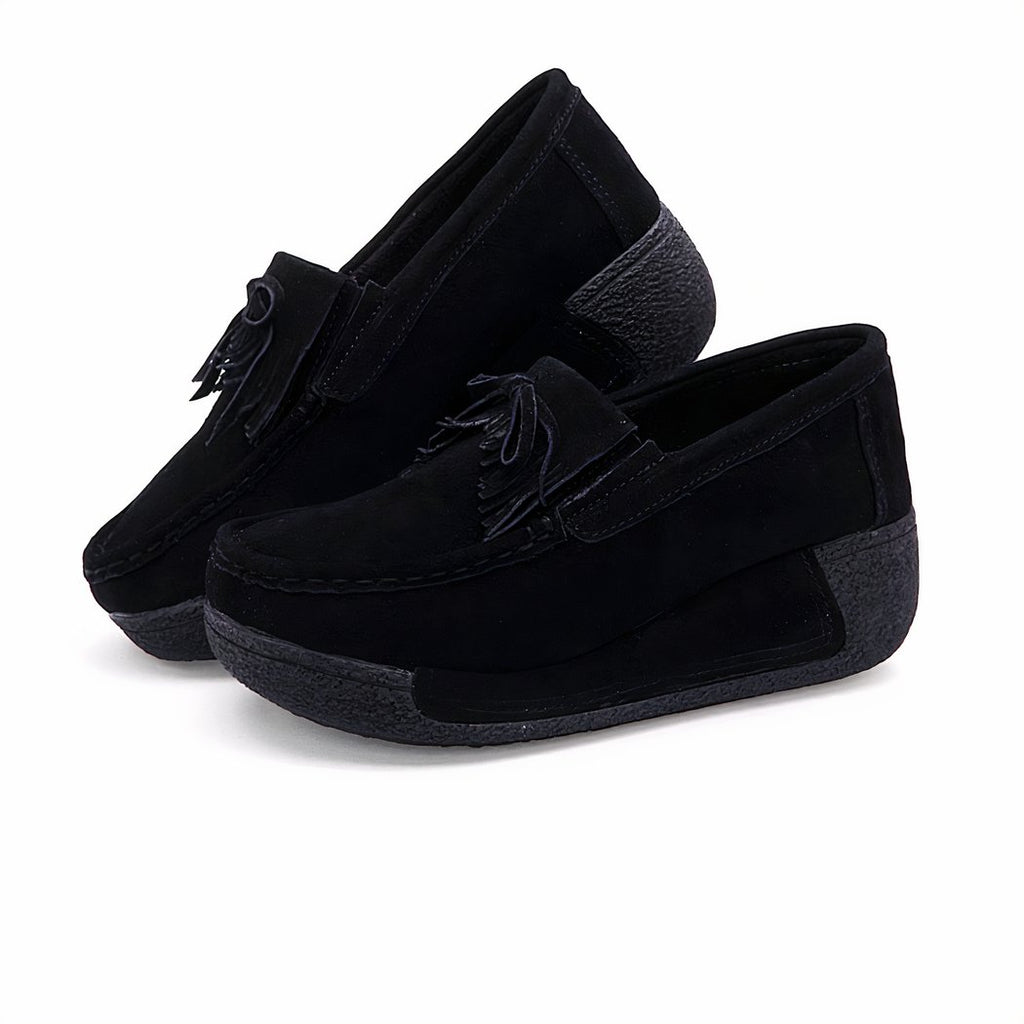 Suede fringed wedge loafers genuine leather
