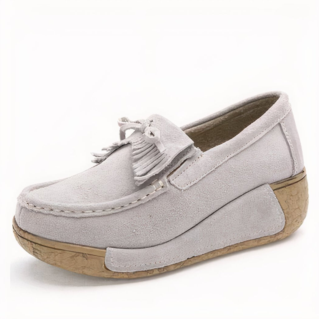 Suede fringed wedge loafers genuine leather
