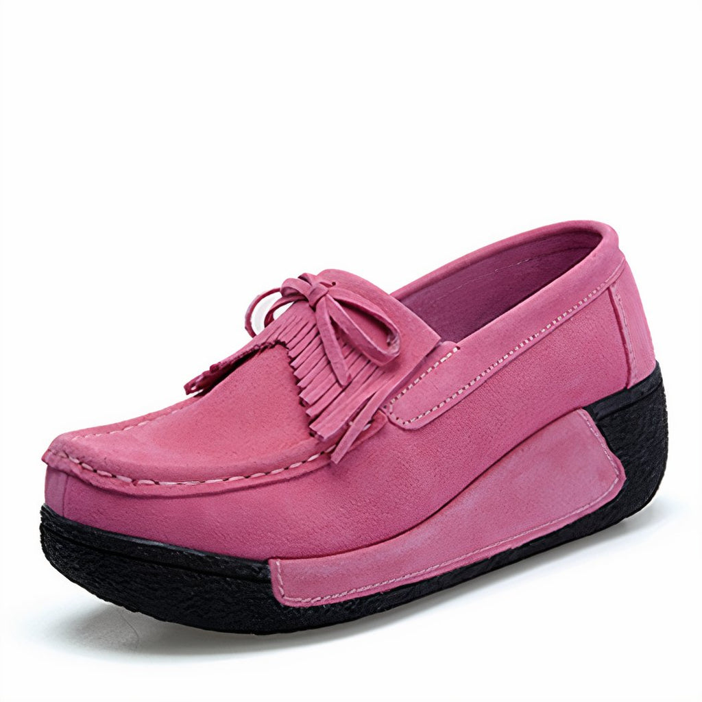 Suede fringed wedge loafers genuine leather