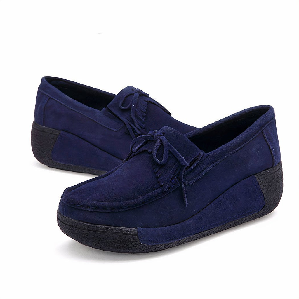 Suede fringed wedge loafers genuine leather