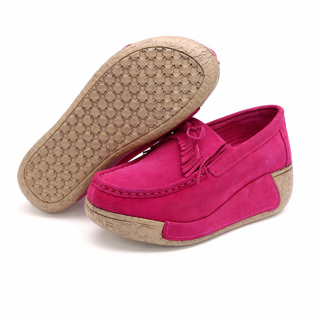 Suede fringed wedge loafers genuine leather