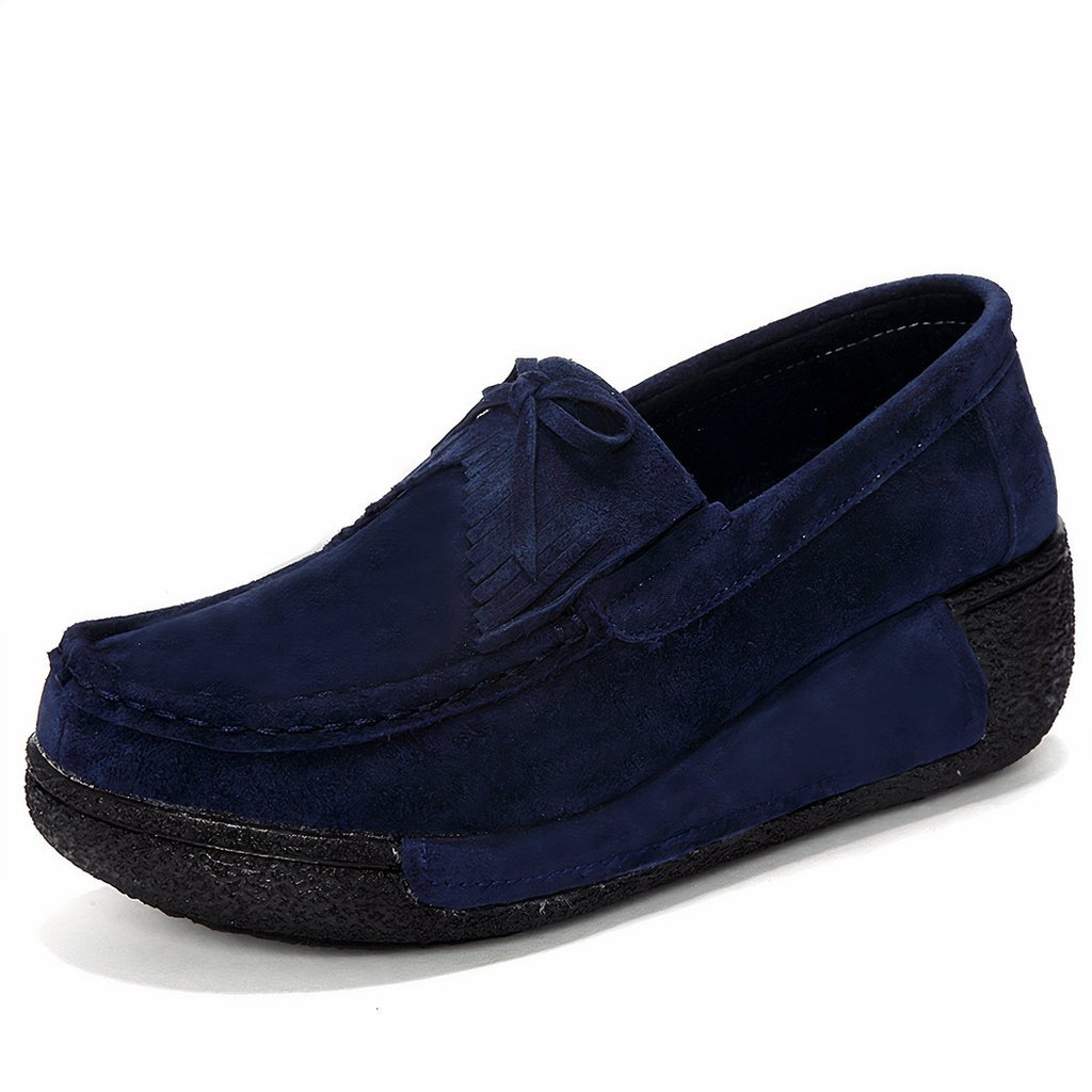 Suede fringed wedge loafers genuine leather