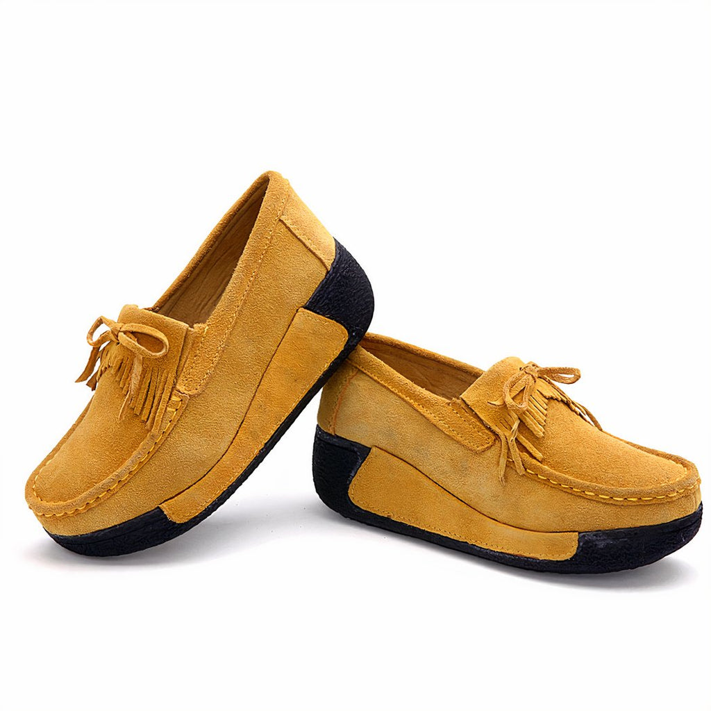 Suede fringed wedge loafers genuine leather