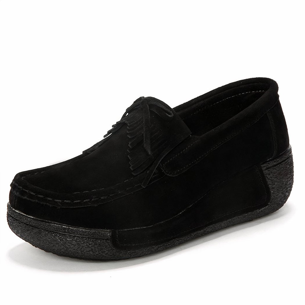 Suede fringed wedge loafers genuine leather
