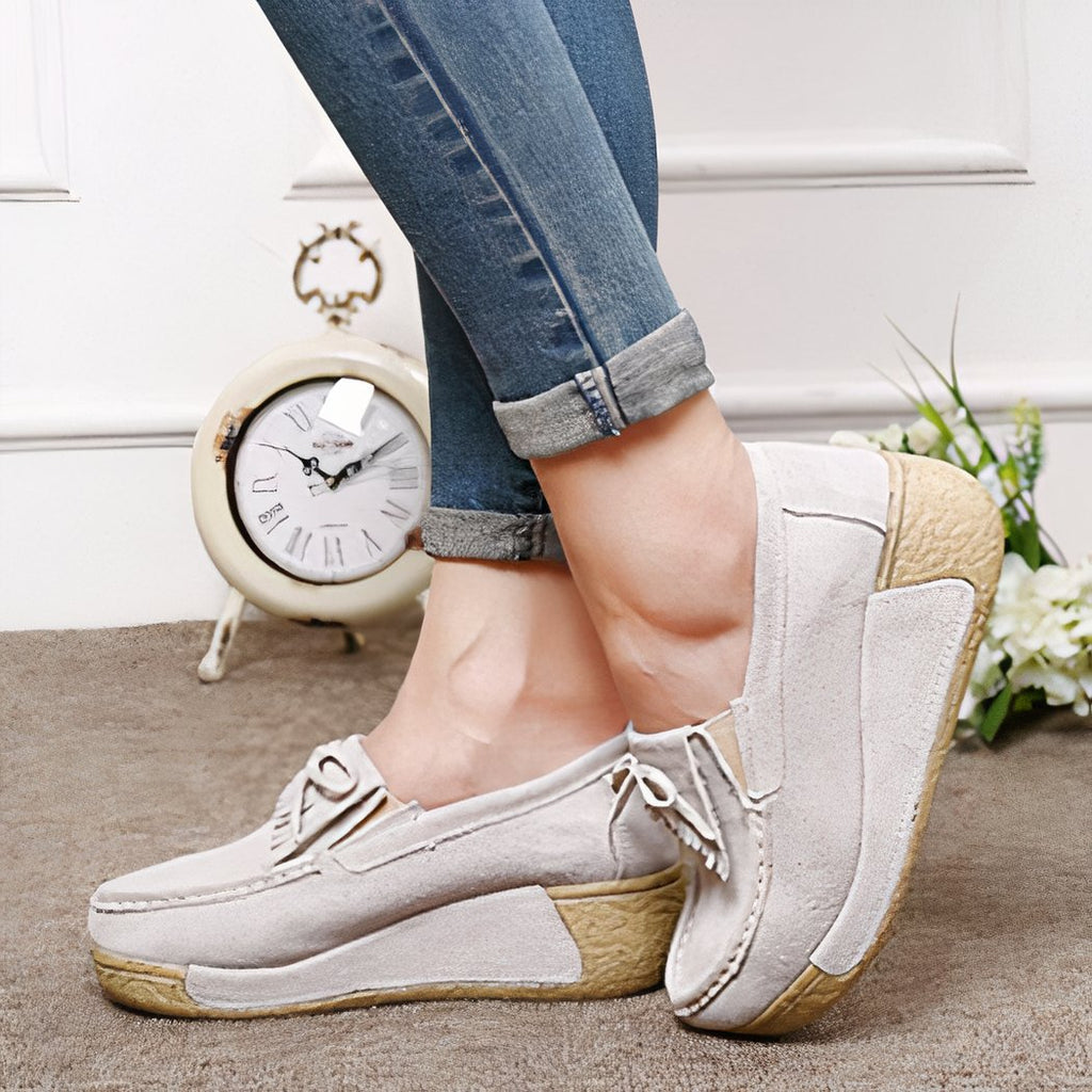 Suede fringed wedge loafers genuine leather