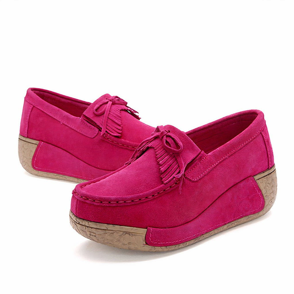 Suede fringed wedge loafers genuine leather