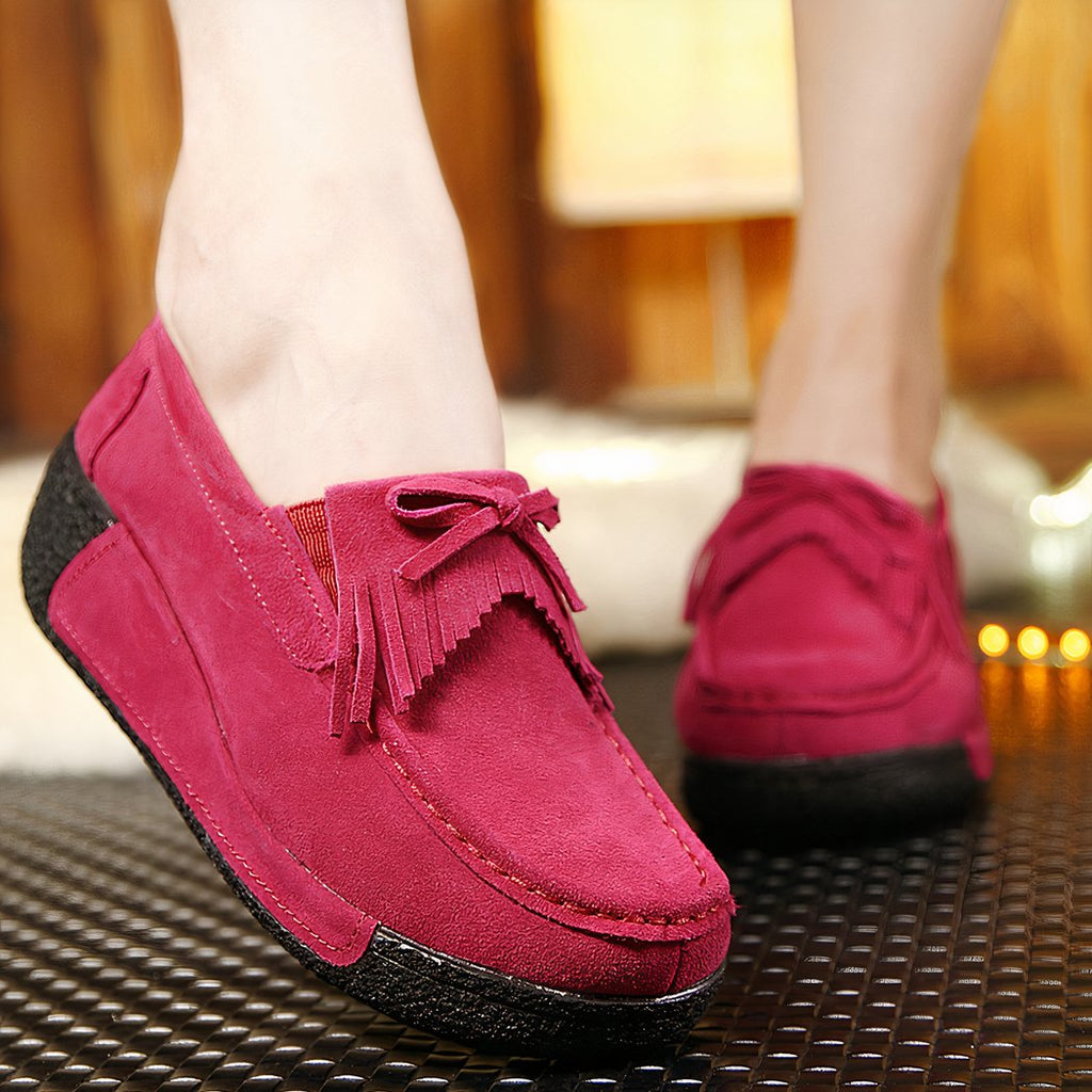 Suede fringed wedge loafers genuine leather