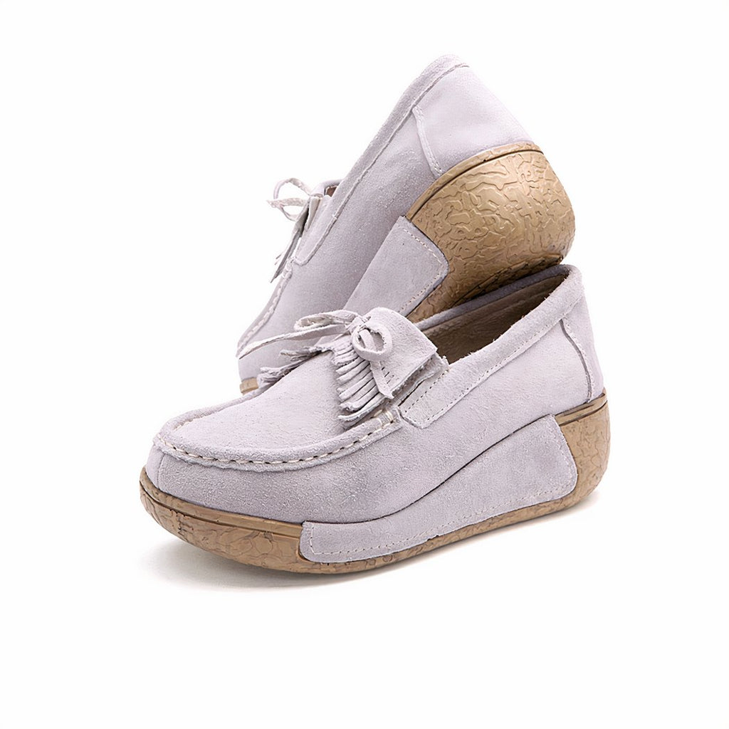 Suede fringed wedge loafers genuine leather
