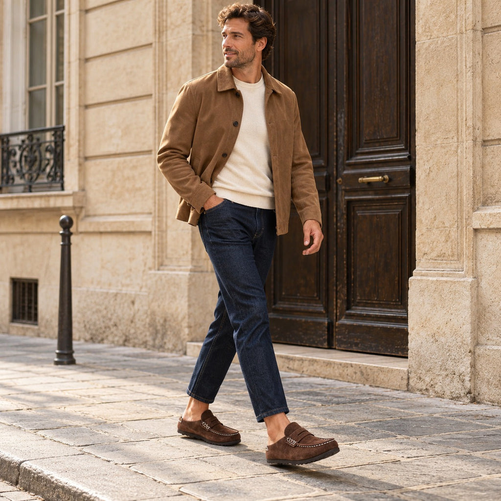 Suede slip-on clog loafer in camel