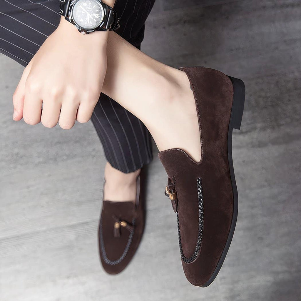 Synthetic suede tassel loafers with faux leather twist