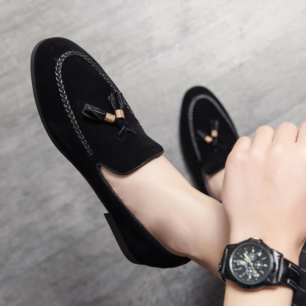 Synthetic suede tassel loafers with faux leather twist