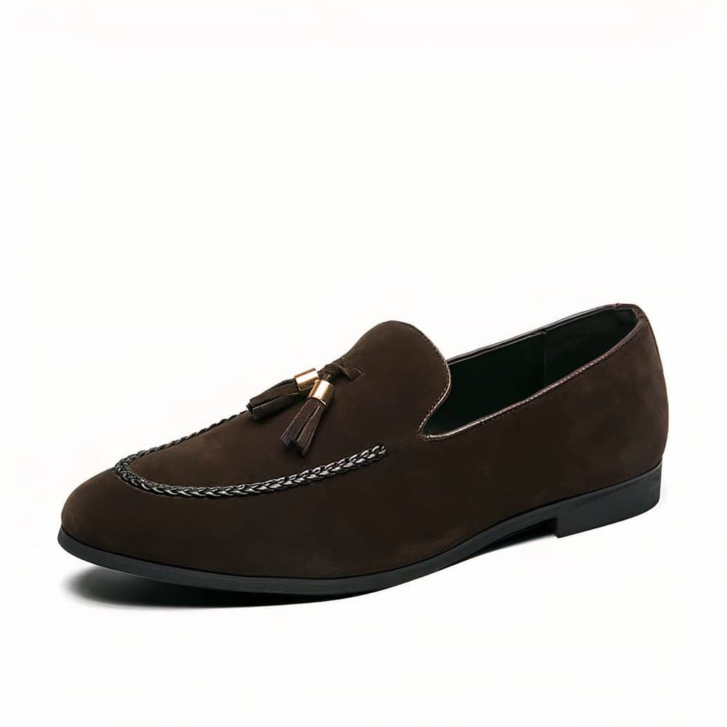 Synthetic suede tassel loafers with faux leather twist