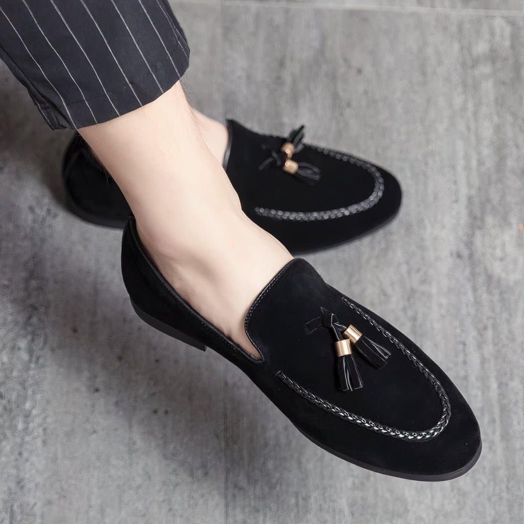 Synthetic suede tassel loafers with faux leather twist