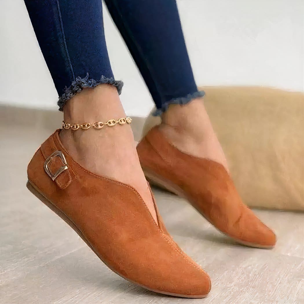 brown suede loafer for women with an ankle bracelet that makes them even classier.