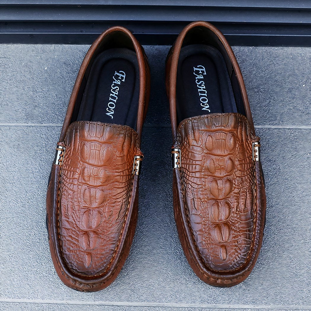Synthetic leather loafers with crocodile pattern