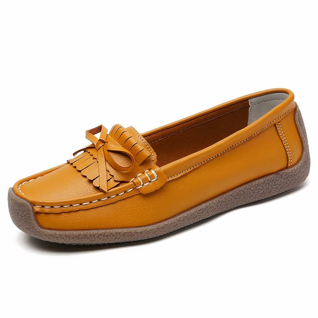 Synthetic leather loafers with fringe and bow