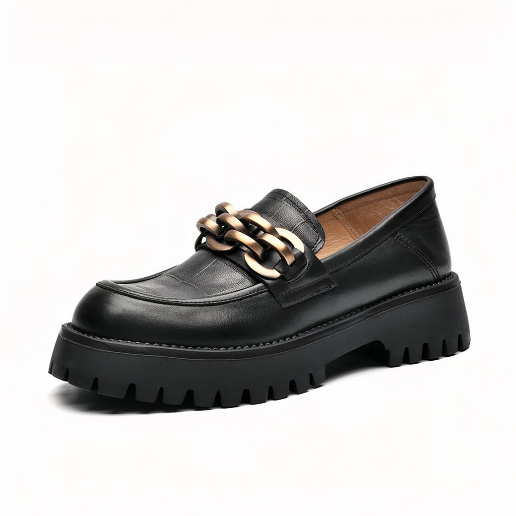 Synthetic leather loafers with metal chain for women