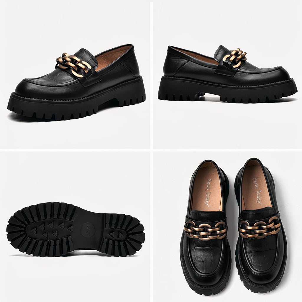 Synthetic leather loafers with metal chain for women