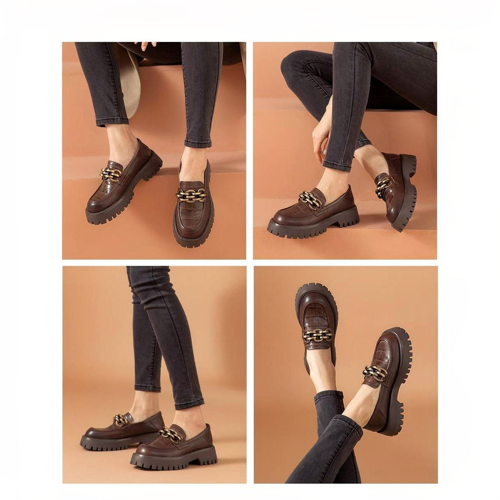 Synthetic leather loafers with metal chain for women