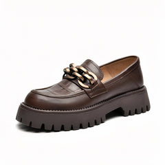 Synthetic leather loafers with metal chain for women, Brown