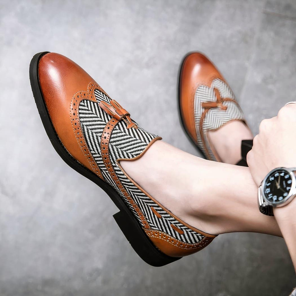 Tassel loafers in synthetic leather with herringbone pattern