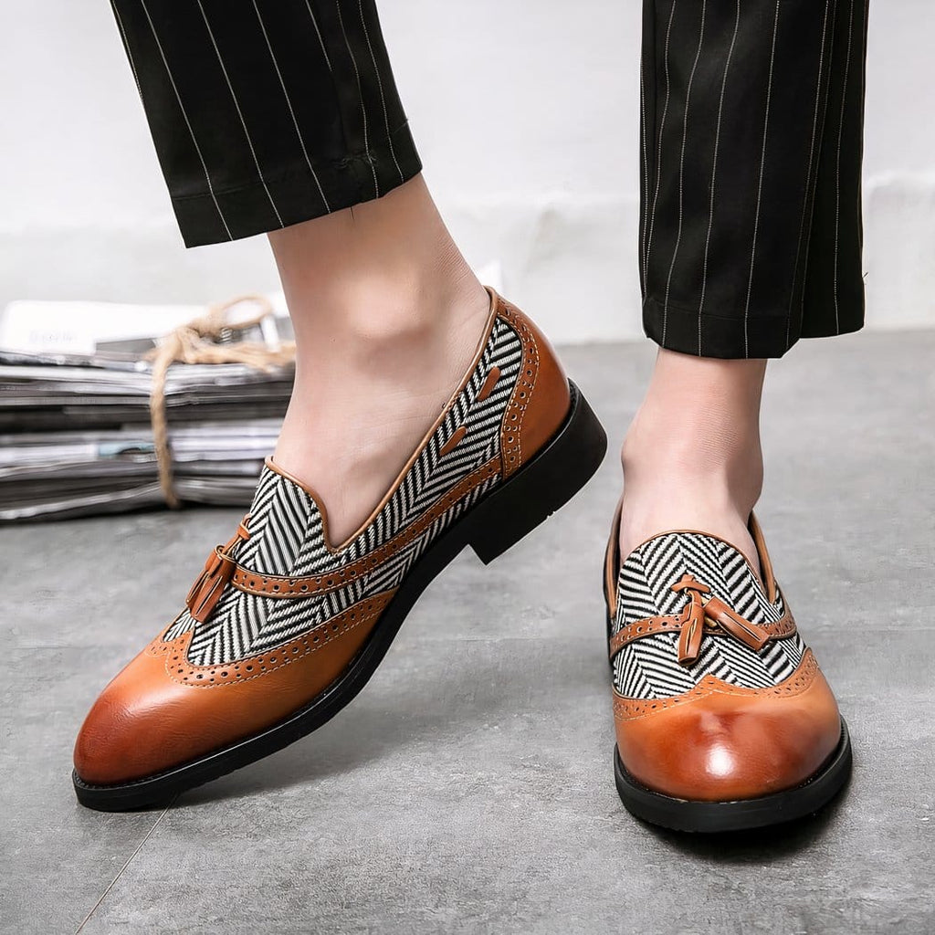 Tassel loafers in synthetic leather with herringbone pattern