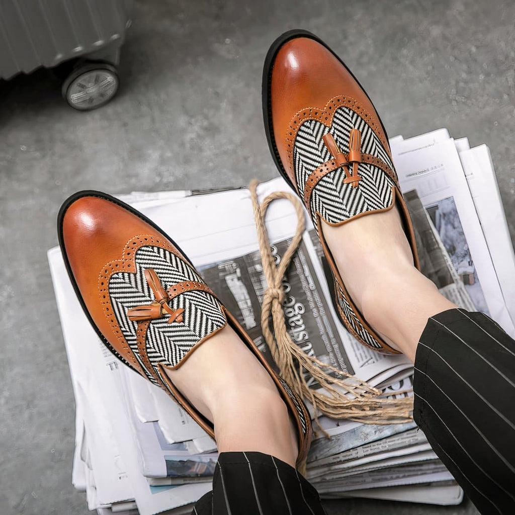 Tassel loafers in synthetic leather with herringbone pattern