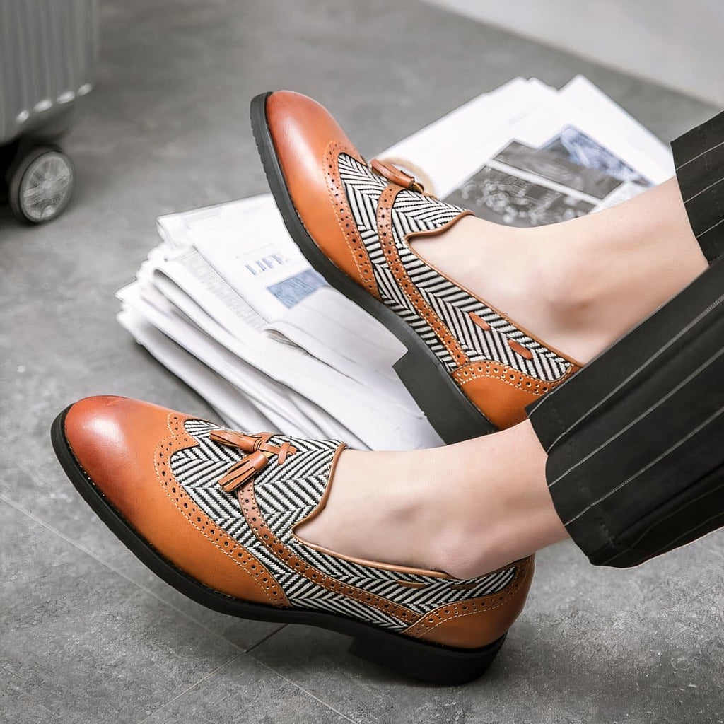 Tassel loafers in synthetic leather with herringbone pattern