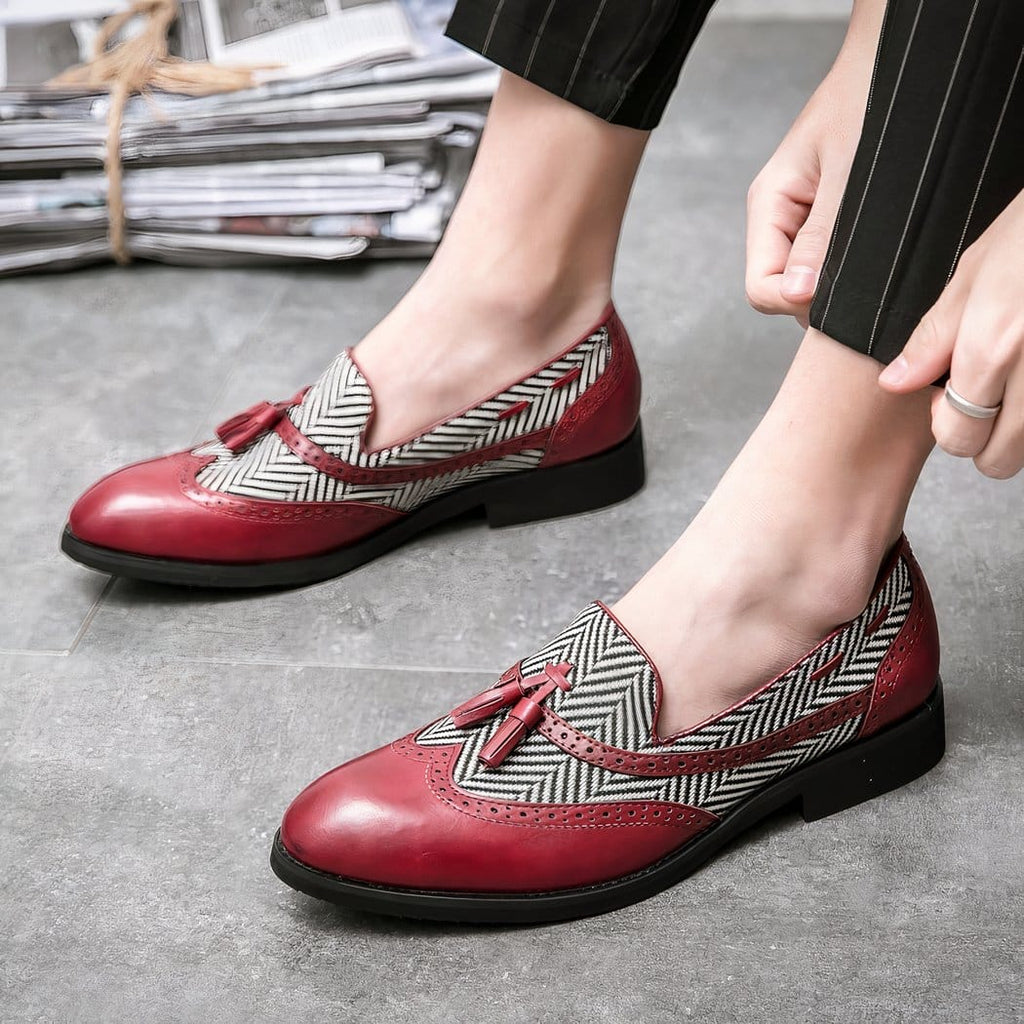 Tassel loafers in synthetic leather with herringbone pattern
