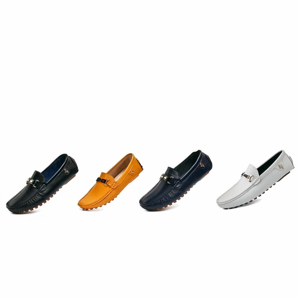 Trendy leather-effect loafers with gold buckle for men