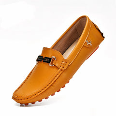 Trendy leather-effect loafers with gold buckle for men, Camel