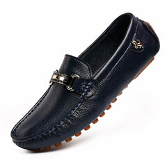 Trendy leather-effect loafers with gold buckle for men, Navy blue